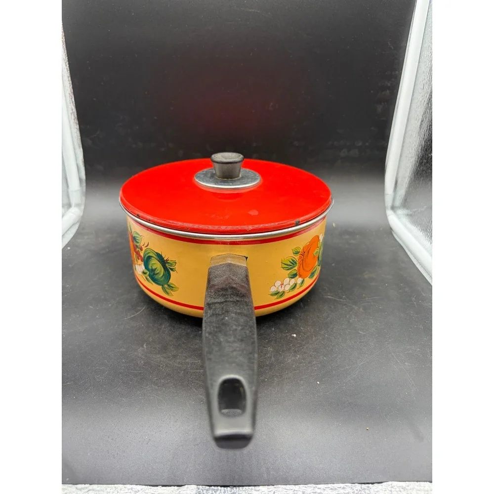 Vintage Enamelware Saucepan with Red Lid‎ Fruit Floral Motif Yellow Pot
